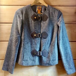 Tory Burch Brown Wool Herringbone Blazer Jacket with Leather Toggle Closure.